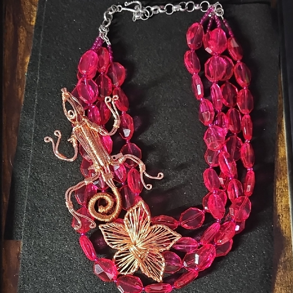 Sassy Jones Red Beaded Necklace with Copper Lizard and Flower